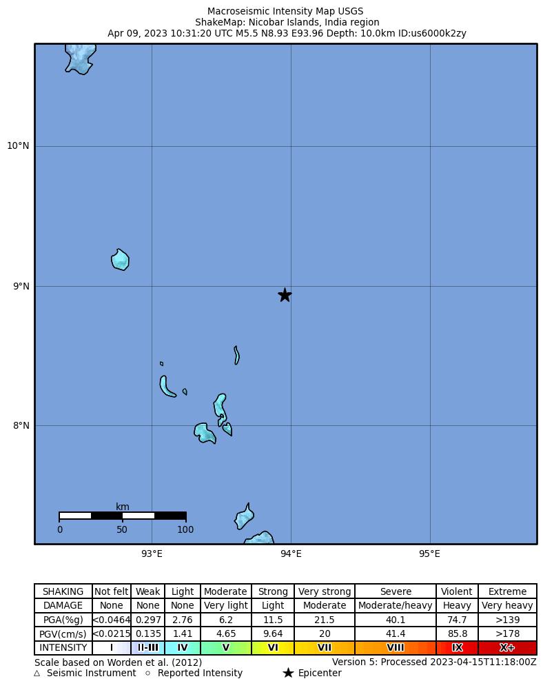 USGS ShakeMap intensity contours for the M5.5 earthquake near Nicobar Islands, India region