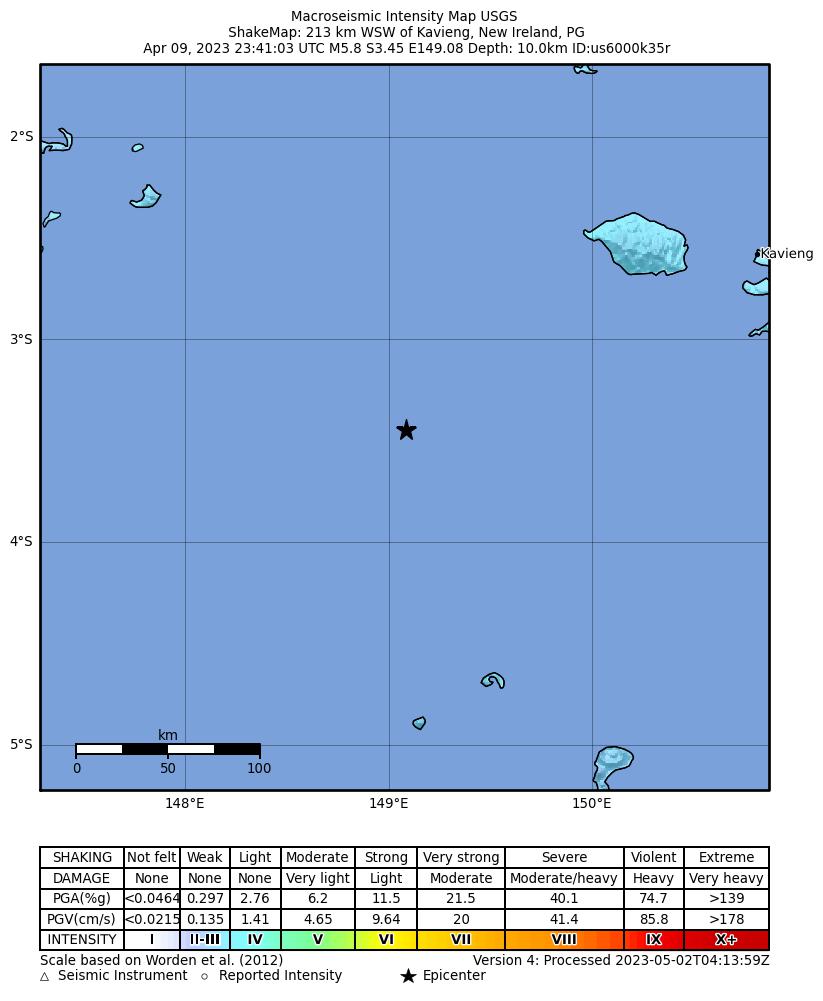 USGS ShakeMap intensity contours for the M5.8 earthquake near 213 km WSW of Kavieng, Papua New Guinea