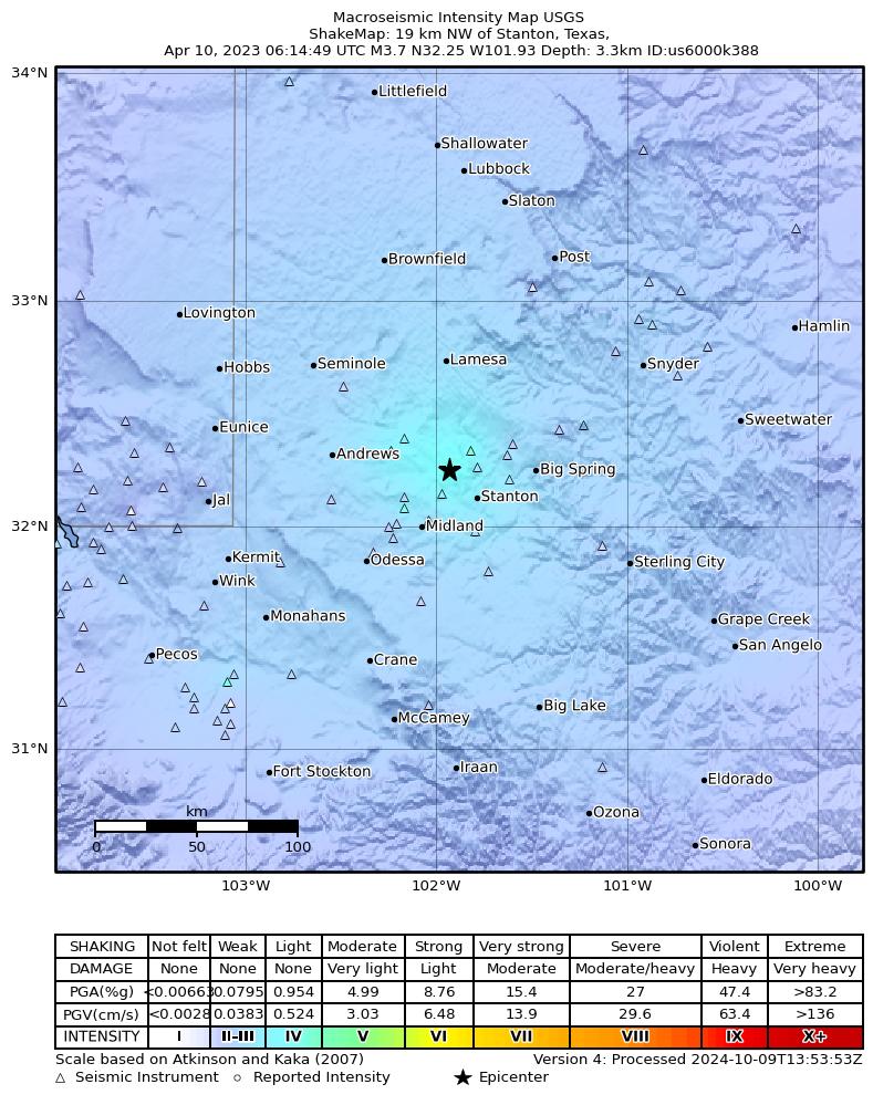 USGS ShakeMap: estimated shaking intensity around the epicenter