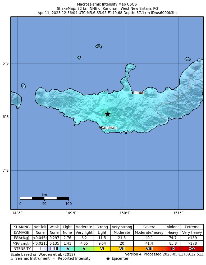 USGS ShakeMap intensity contours for the M5.6 earthquake near 32 km NNE of Kandrian, Papua New Guinea