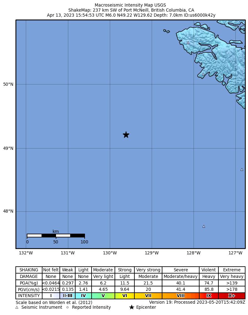 USGS ShakeMap intensity contours for the M6.0 earthquake near 237 km SW of Port McNeill, Canada