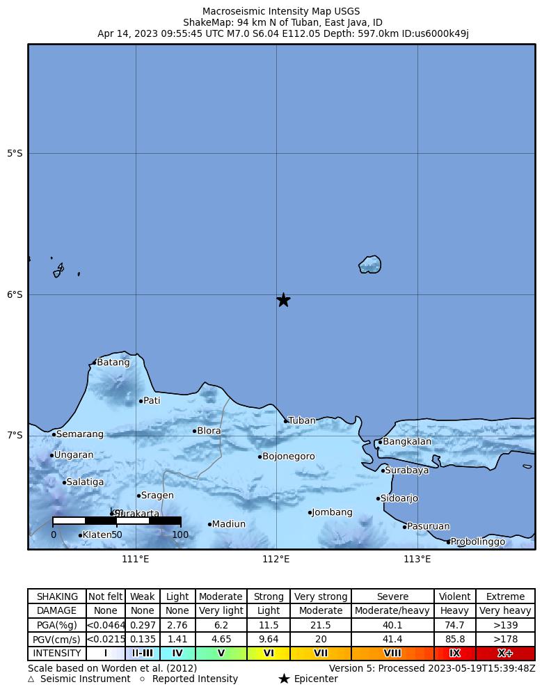 USGS ShakeMap intensity contours for the M7.0 earthquake near Java, Indonesia