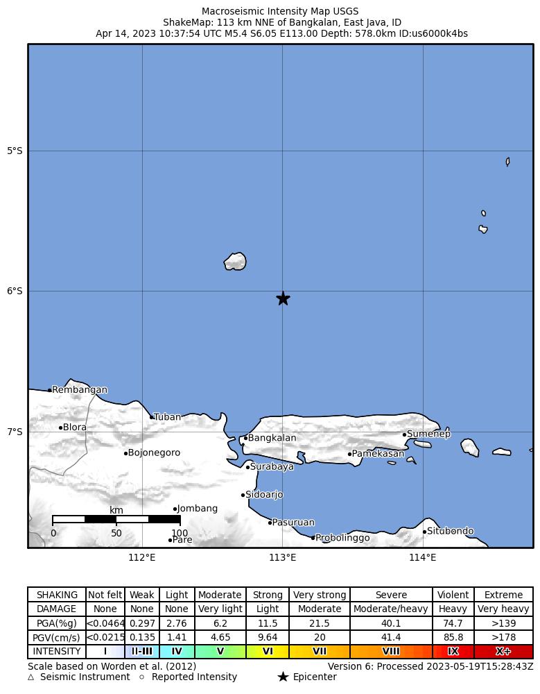USGS ShakeMap intensity contours for the M5.4 earthquake near 113 km NNE of Bangkalan, Indonesia