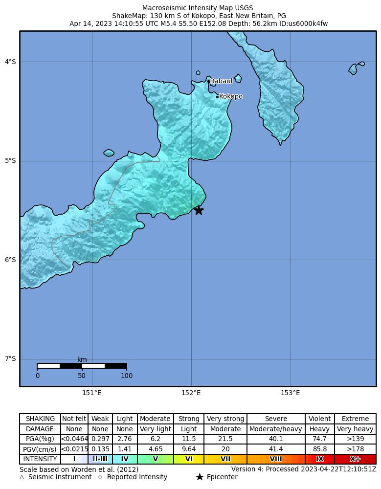 USGS ShakeMap intensity contours for the M5.4 earthquake near New Britain region, Papua New Guinea