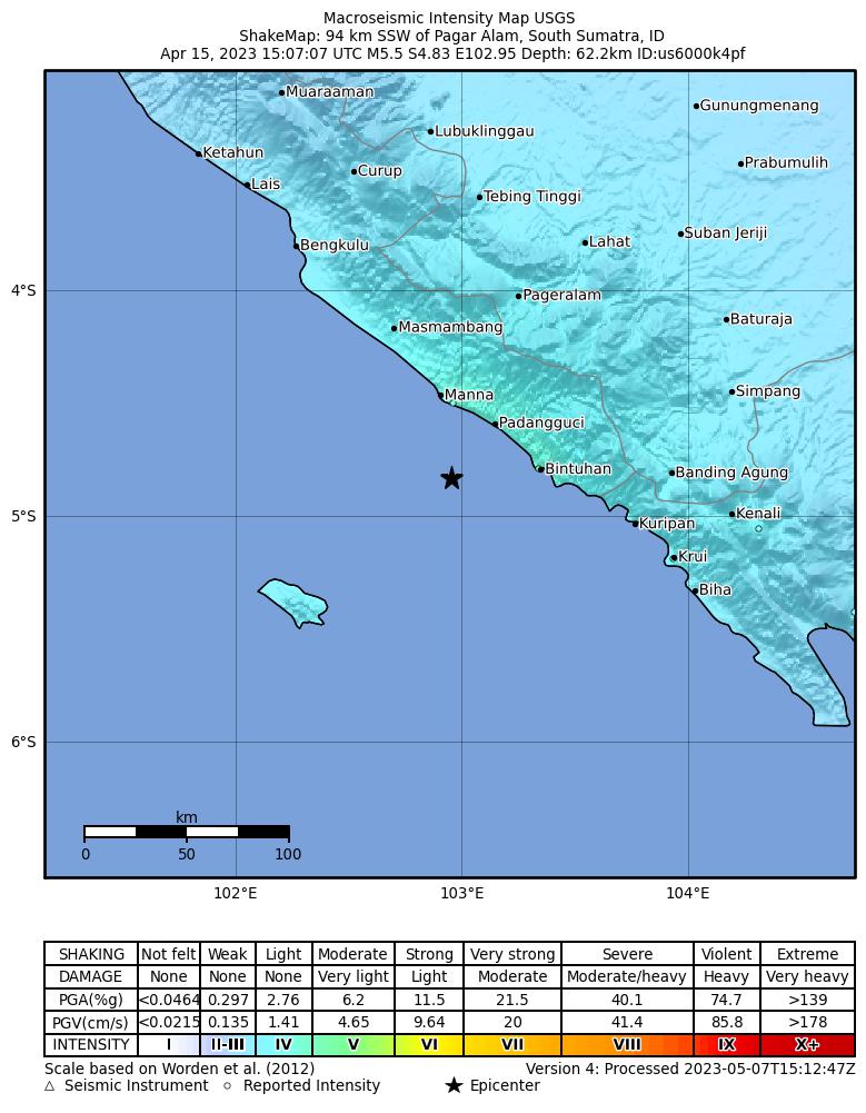 USGS ShakeMap intensity contours for the M5.5 earthquake near 94 km SSW of Pagar Alam, Indonesia