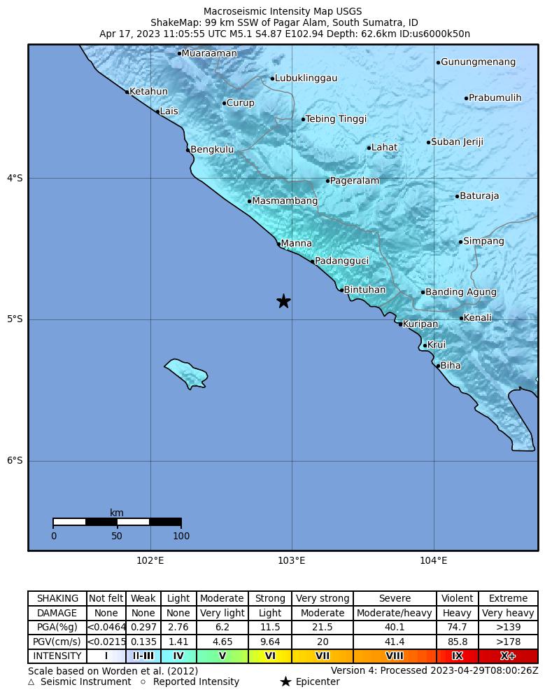 USGS ShakeMap intensity contours for the M5.1 earthquake near 99 km SSW of Pagar Alam, Indonesia