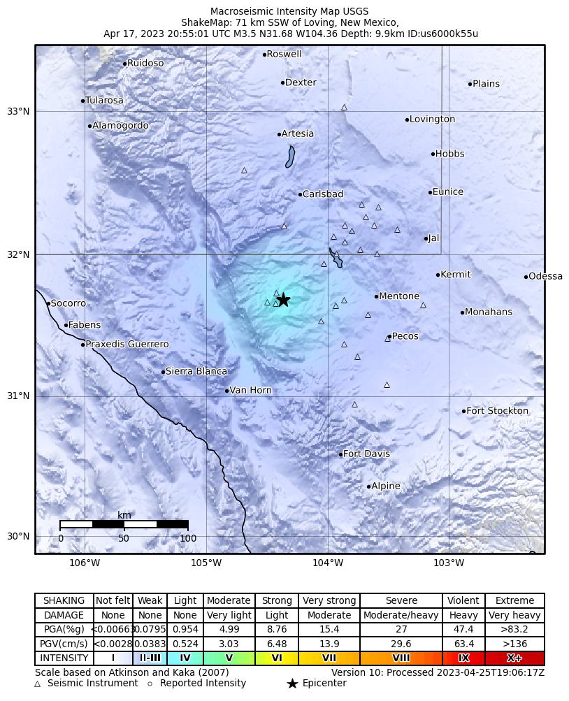 USGS ShakeMap intensity contours for the M3.5 earthquake near 57 km S of Whites City, New Mexico