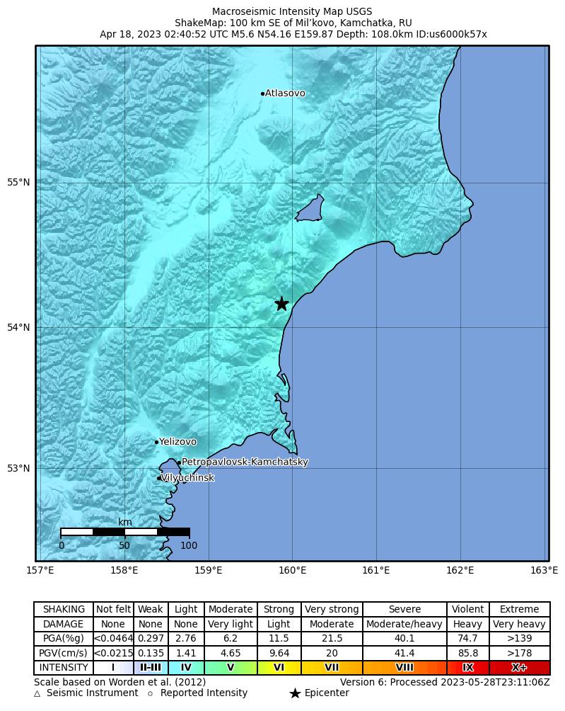 USGS ShakeMap intensity contours for the M5.6 earthquake near 100 km SE of Mil’kovo, Russia