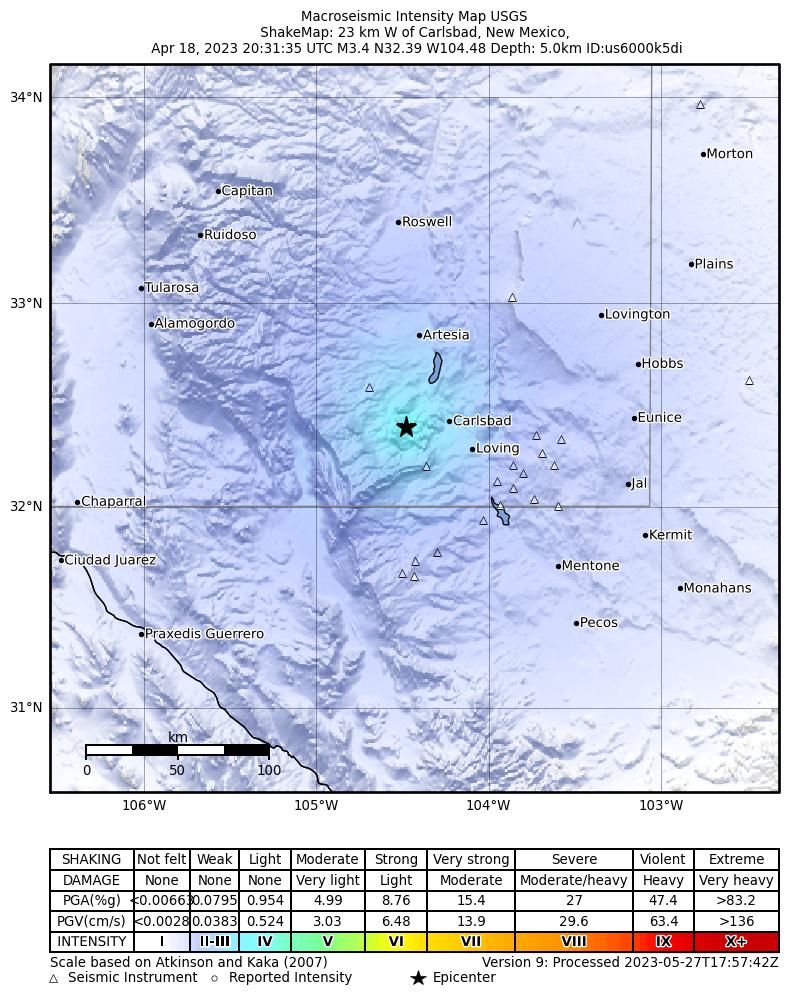 USGS ShakeMap intensity contours for the M3.4 earthquake near 23 km W of Carlsbad, New Mexico