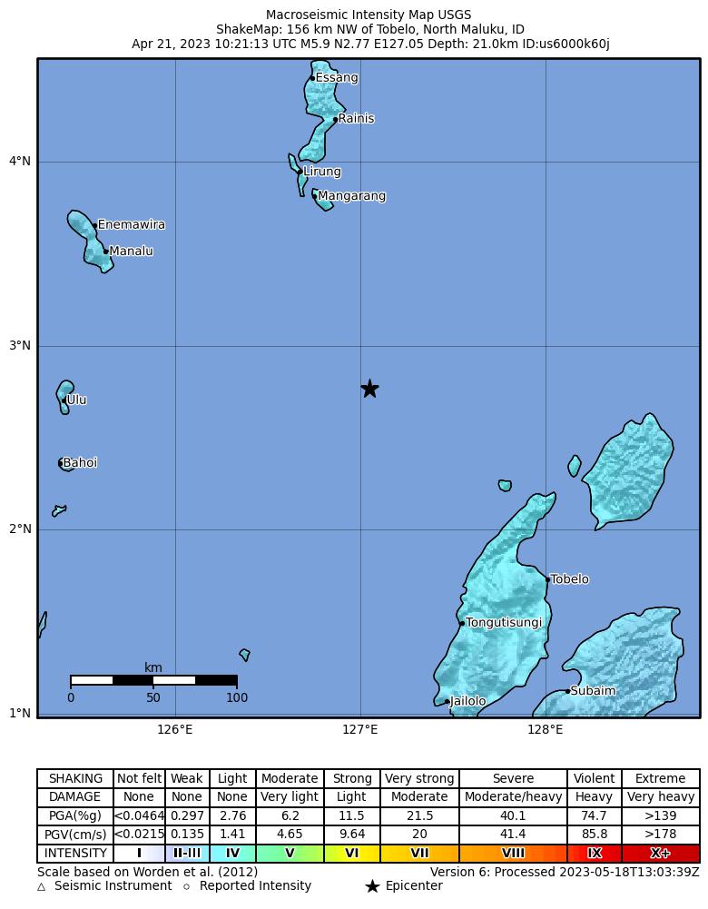 USGS ShakeMap intensity contours for the M5.9 earthquake near 156 km NW of Tobelo, Indonesia