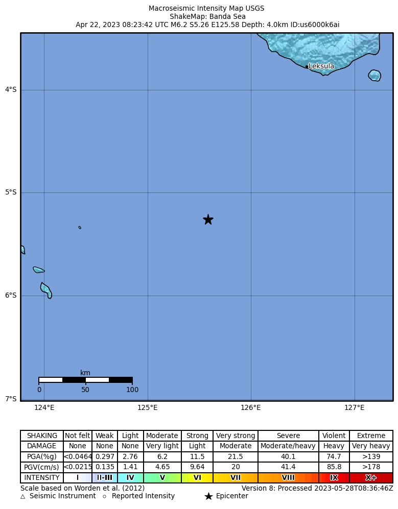 USGS ShakeMap intensity contours for the M6.2 earthquake near Banda Sea