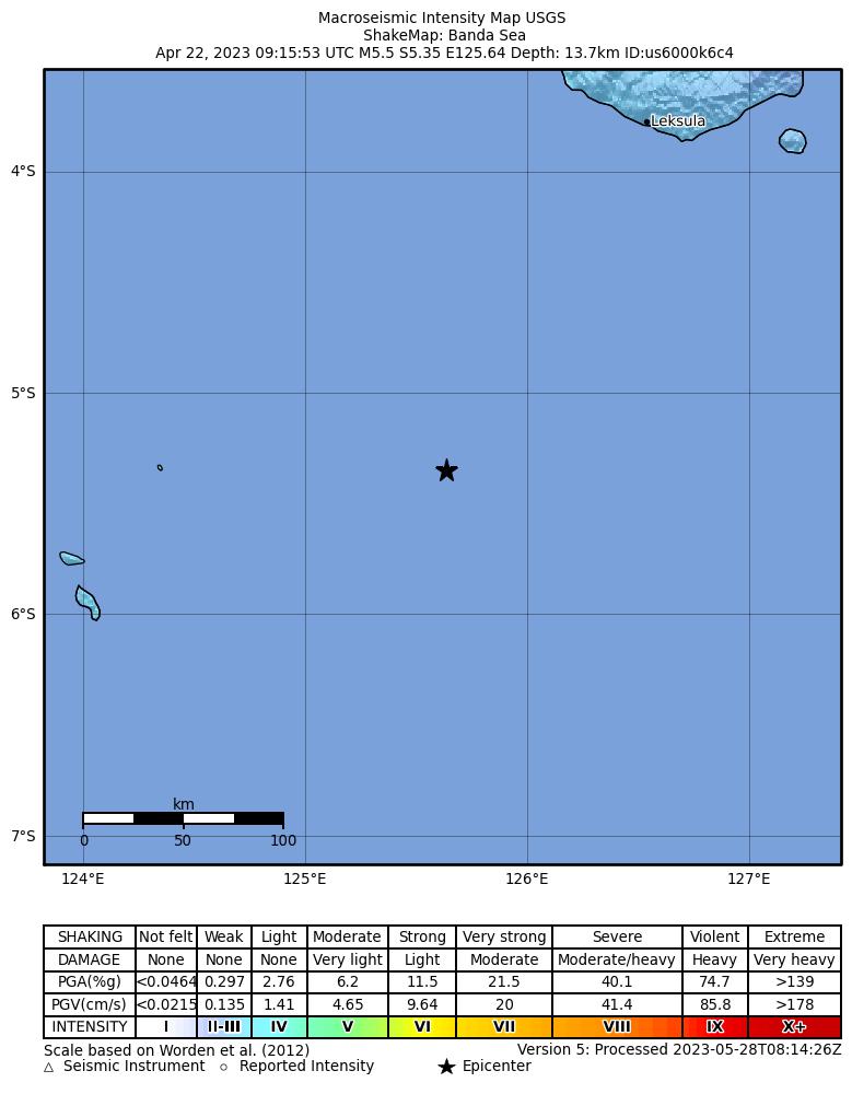 USGS ShakeMap intensity contours for the M5.5 earthquake near Banda Sea