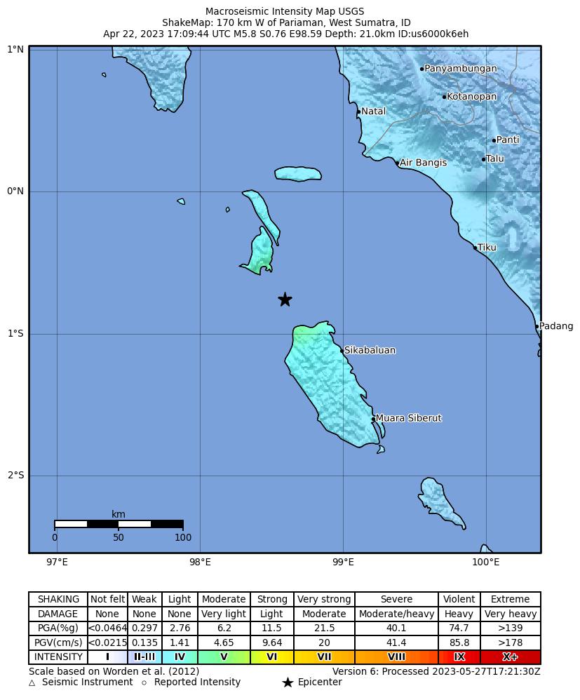 USGS ShakeMap intensity contours for the M5.8 earthquake near 170 km W of Pariaman, Indonesia