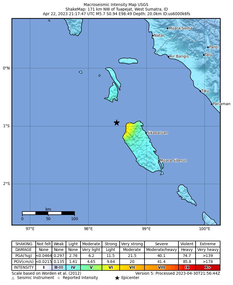 USGS ShakeMap intensity contours for the M5.7 earthquake near 171 km NW of Tuapejat, Indonesia
