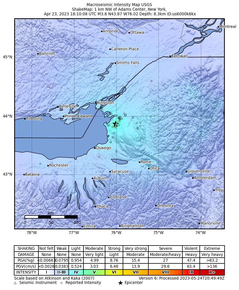 USGS ShakeMap: estimated shaking intensity around the epicenter