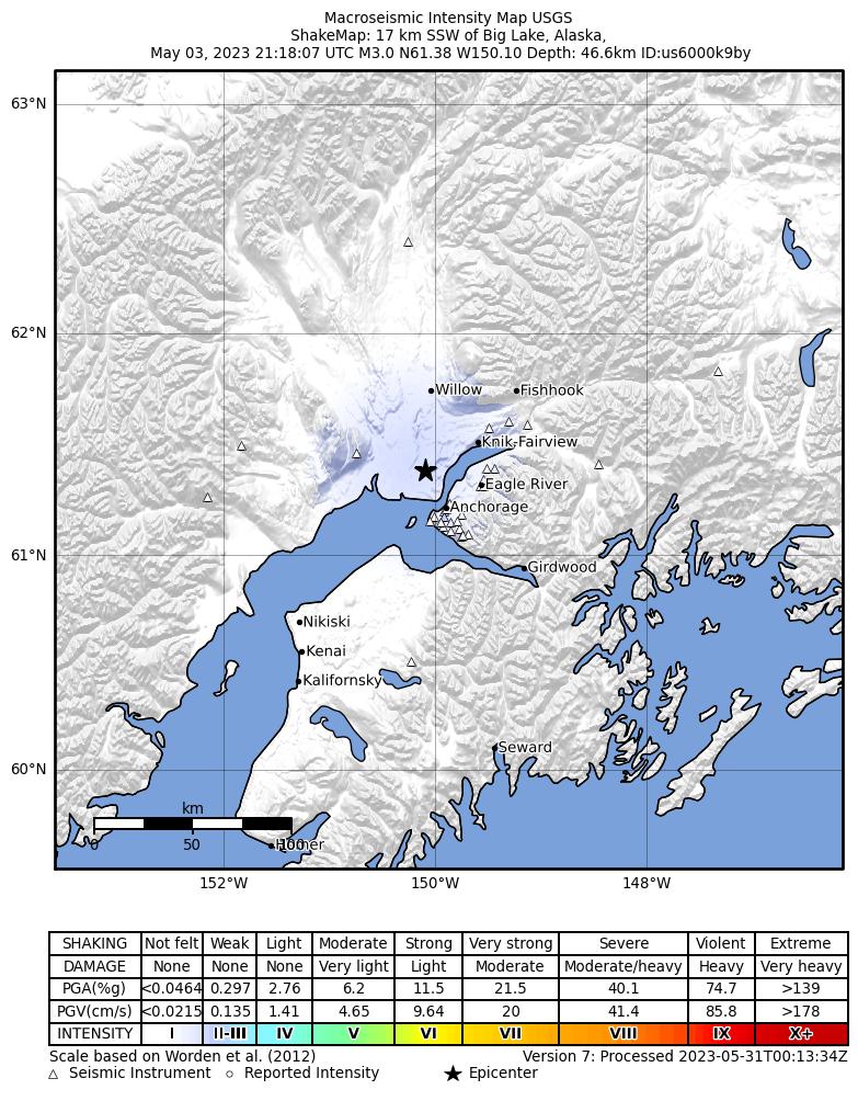 USGS ShakeMap intensity contours for the M2.8 earthquake near 5 km W of Point MacKenzie, Alaska