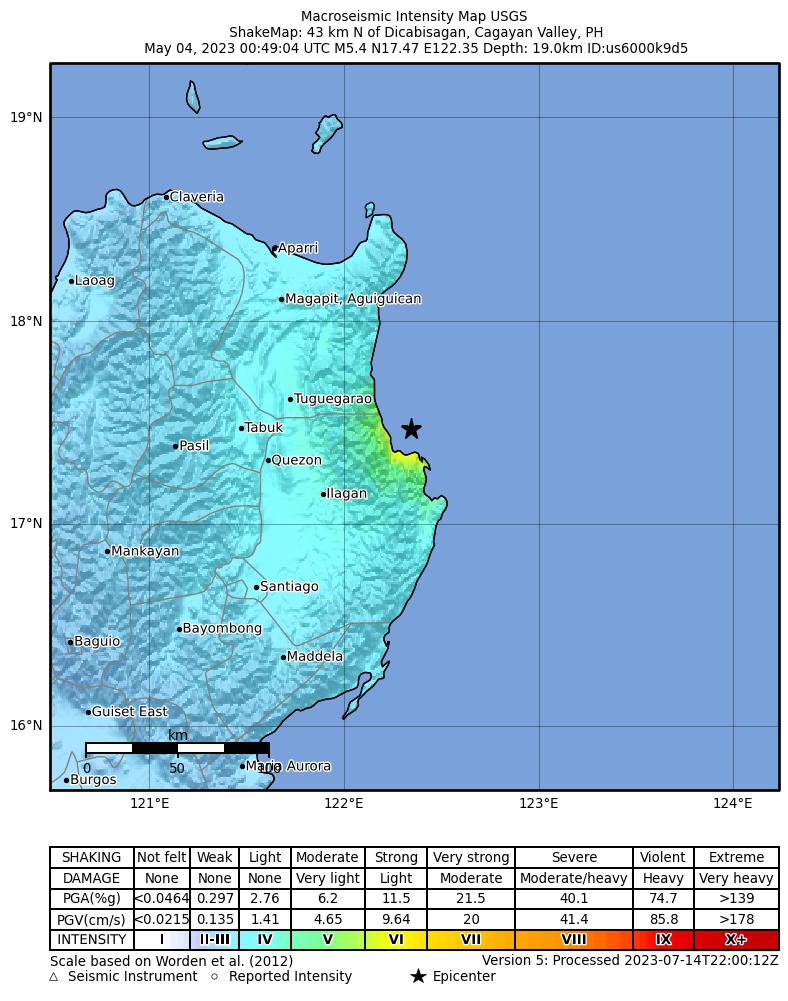 USGS ShakeMap intensity contours for the M5.4 earthquake near Luzon, Philippines