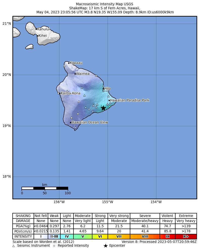USGS ShakeMap intensity contours for the M3.7 earthquake near 12 km SSE of Fern Forest, Hawaii