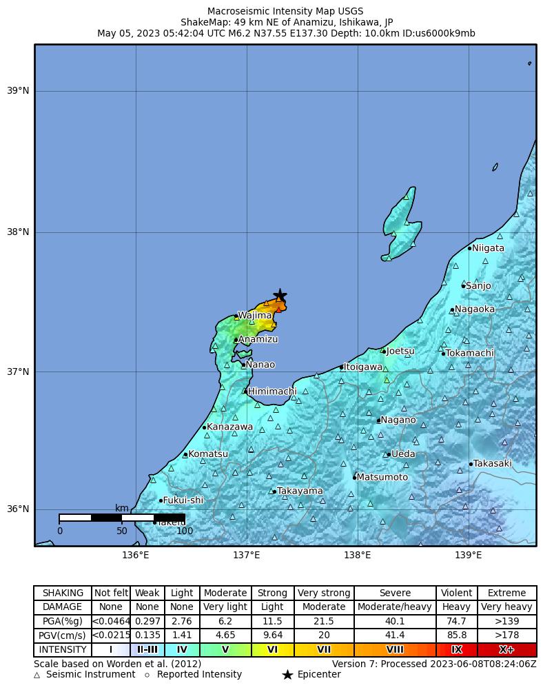 USGS ShakeMap intensity contours for the M6.2 earthquake near 49 km NE of Anamizu, Japan