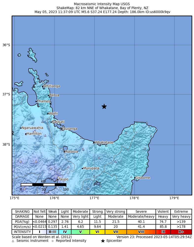 USGS ShakeMap intensity contours for the M5.6 earthquake near 82 km NNE of Whakatane, New Zealand