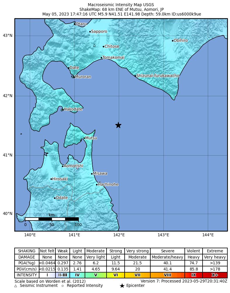 USGS ShakeMap intensity contours for the M5.9 earthquake near 68 km ENE of Mutsu, Japan