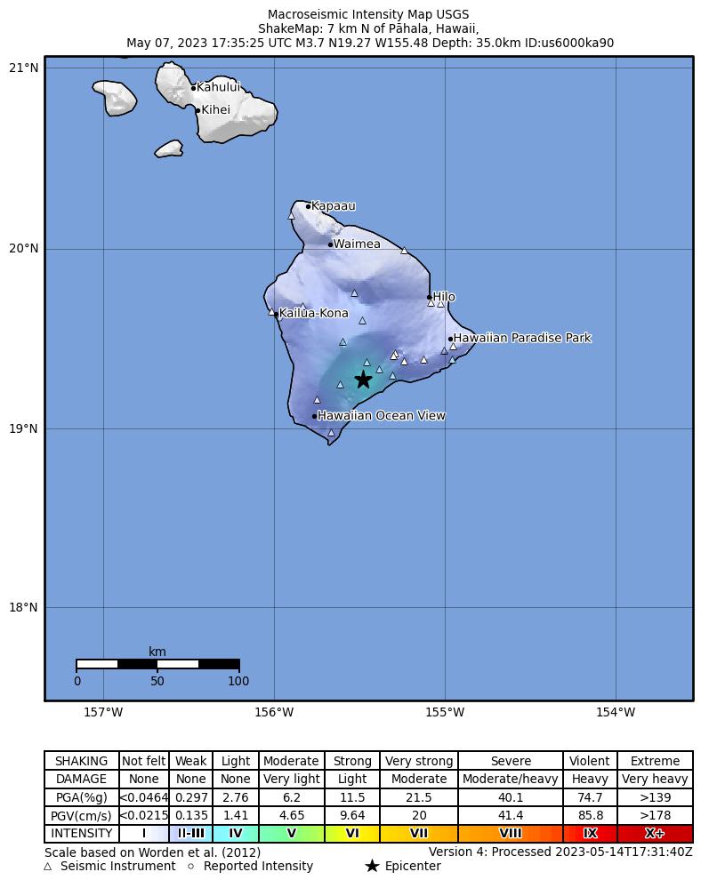 USGS ShakeMap intensity contours for the M3.3 earthquake near 0 km NE of P?hala, Hawaii