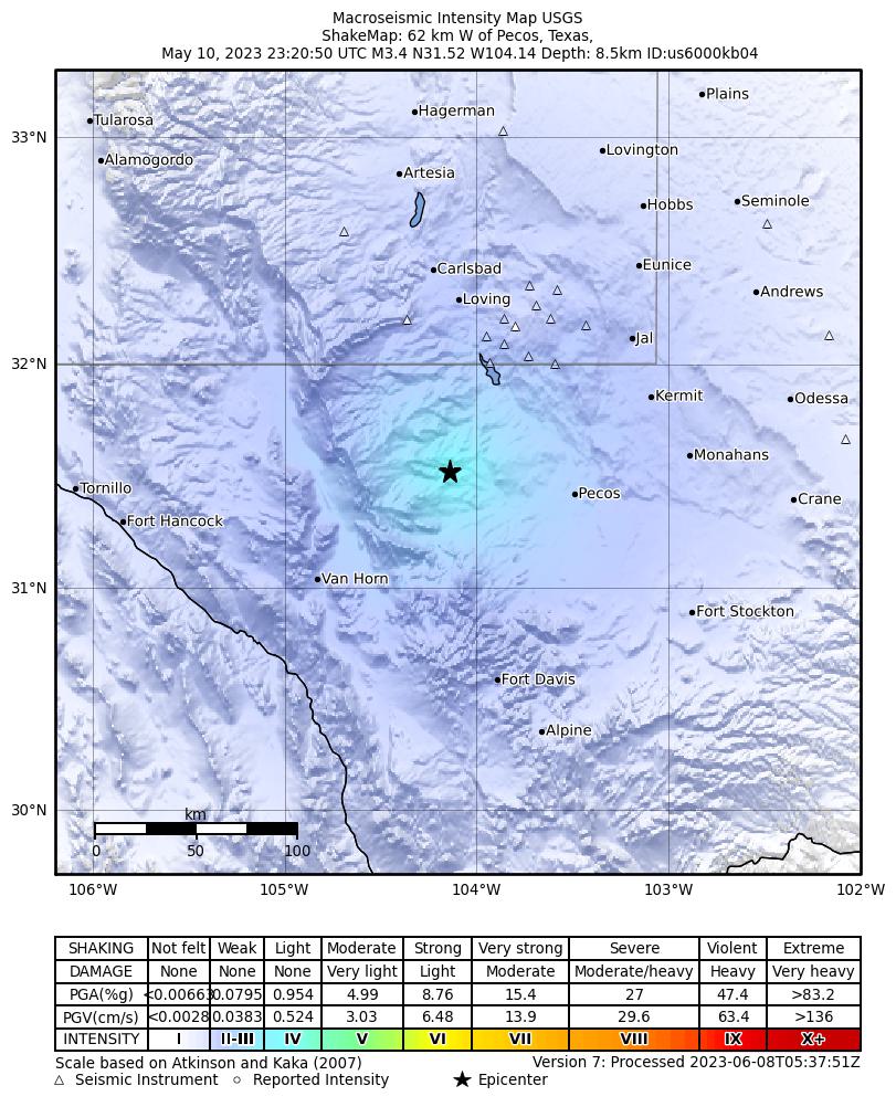 USGS ShakeMap intensity contours for the M3.8 earthquake near 42 km NW of Toyah, Texas