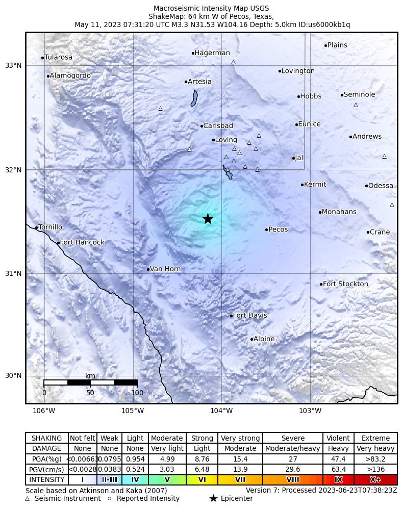 USGS ShakeMap: estimated shaking intensity around the epicenter