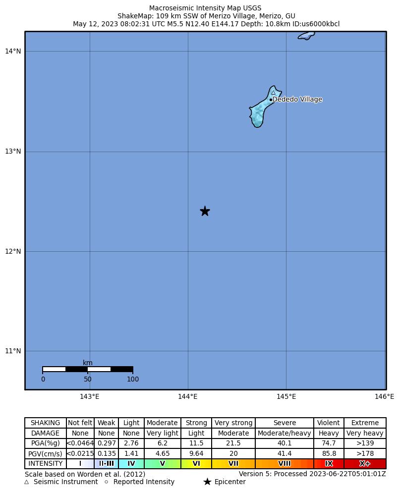 USGS ShakeMap intensity contours for the M5.5 earthquake near 109 km SSW of Merizo Village, Guam