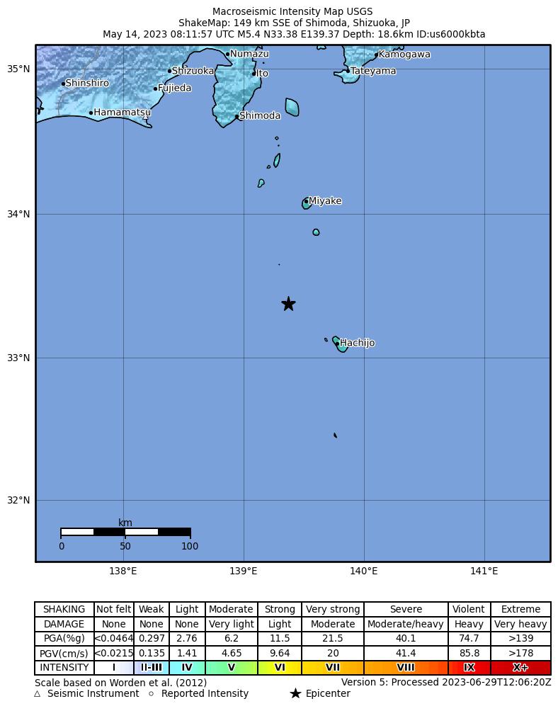 USGS ShakeMap intensity contours for the M5.4 earthquake near 149 km SSE of Shimoda, Japan