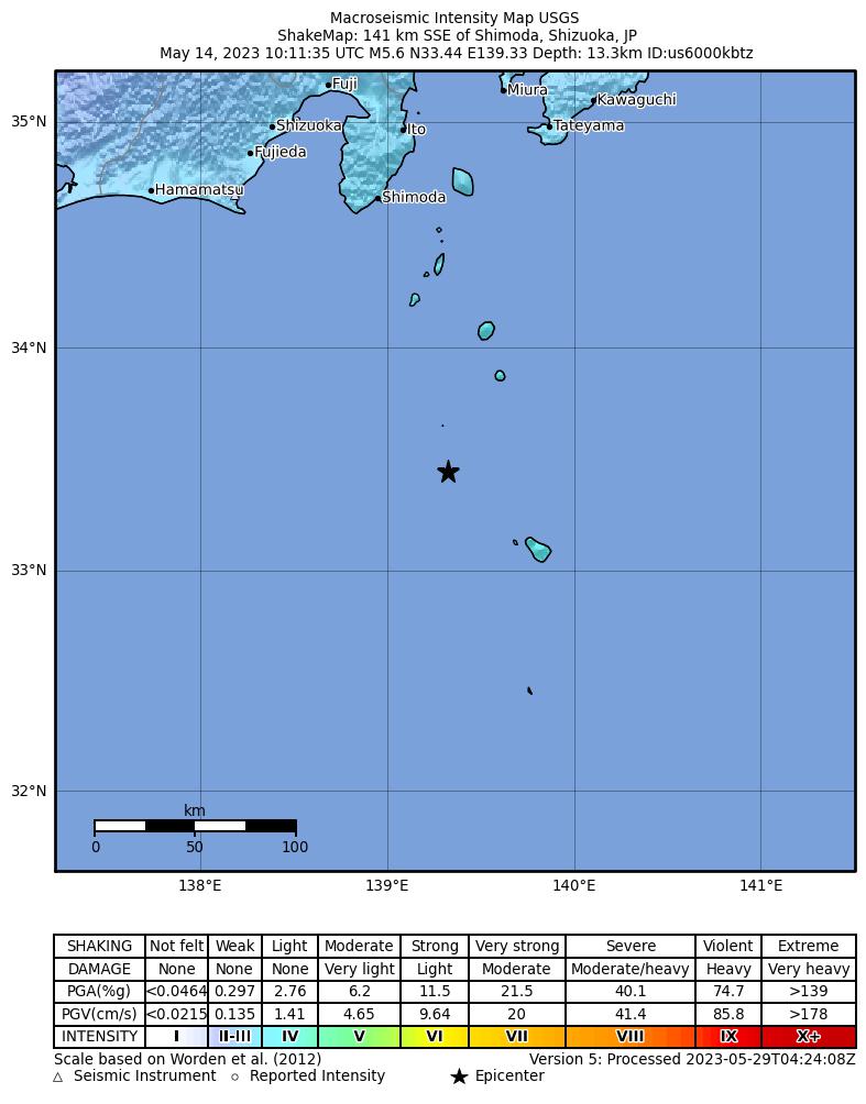 USGS ShakeMap intensity contours for the M5.6 earthquake near 141 km SSE of Shimoda, Japan