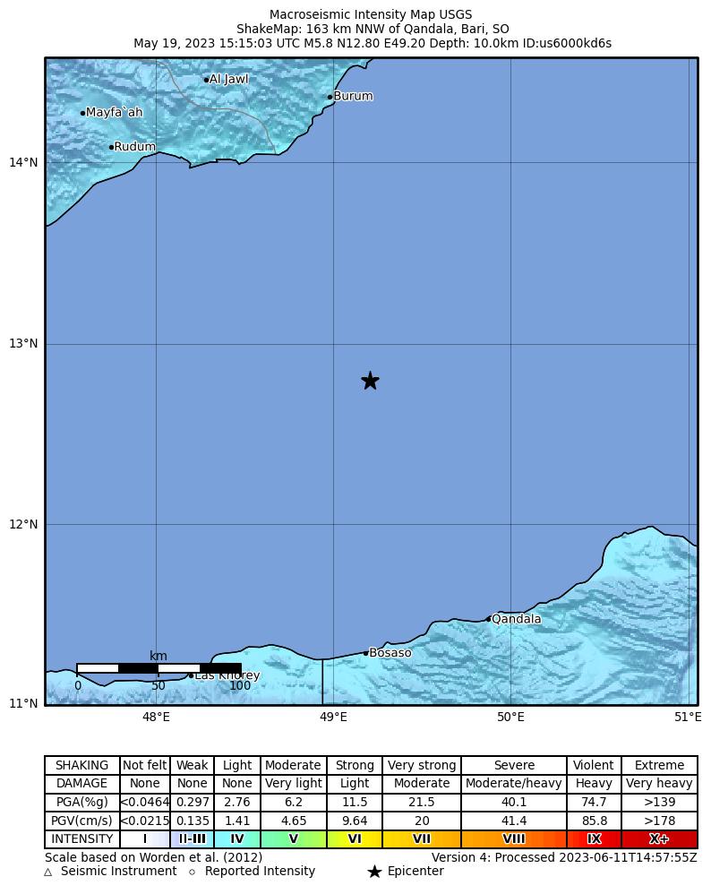 USGS ShakeMap intensity contours for the M5.8 earthquake near 163 km NNW of Qandala, Somalia