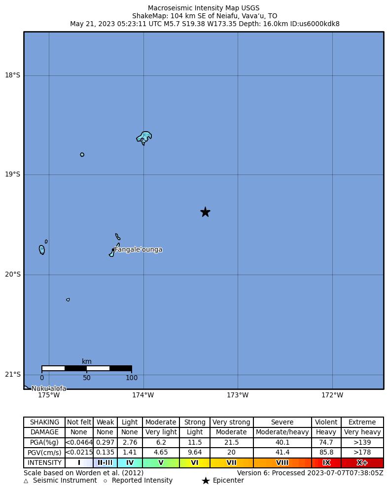 USGS ShakeMap intensity contours for the M5.7 earthquake near 104 km SE of Neiafu, Tonga