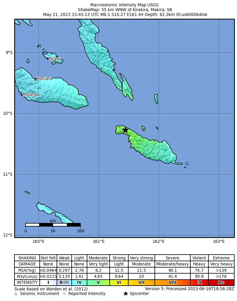 USGS ShakeMap intensity contours for the M6.1 earthquake near 55 km WNW of Kirakira, Solomon Islands