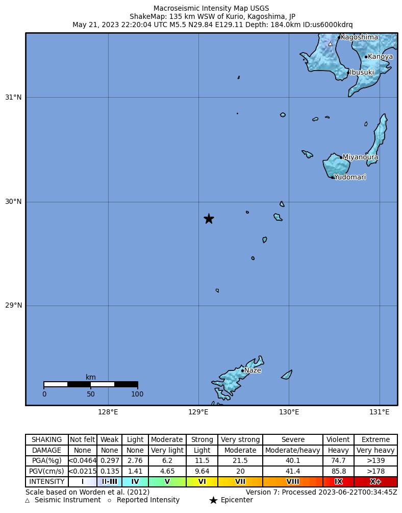 USGS ShakeMap intensity contours for the M5.5 earthquake near 135 km WSW of Kurio, Japan