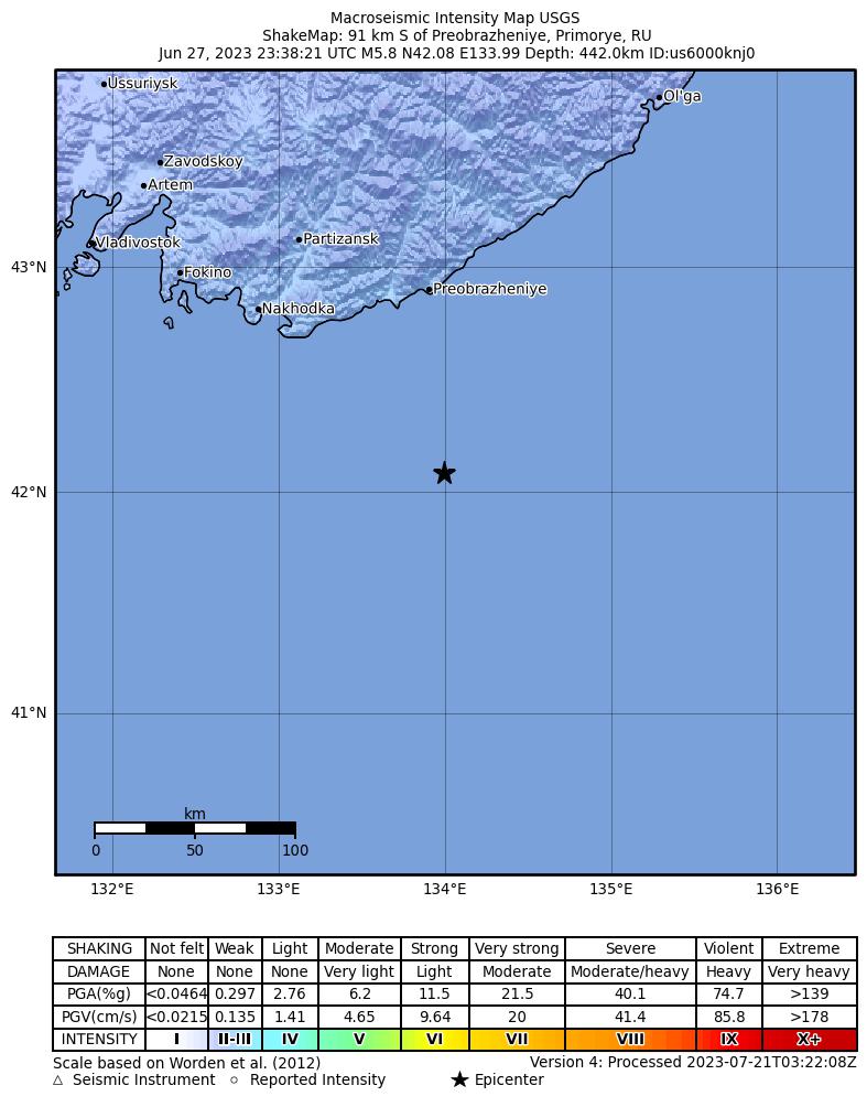 USGS ShakeMap intensity contours for the M5.8 earthquake near Primor'ye, Russia