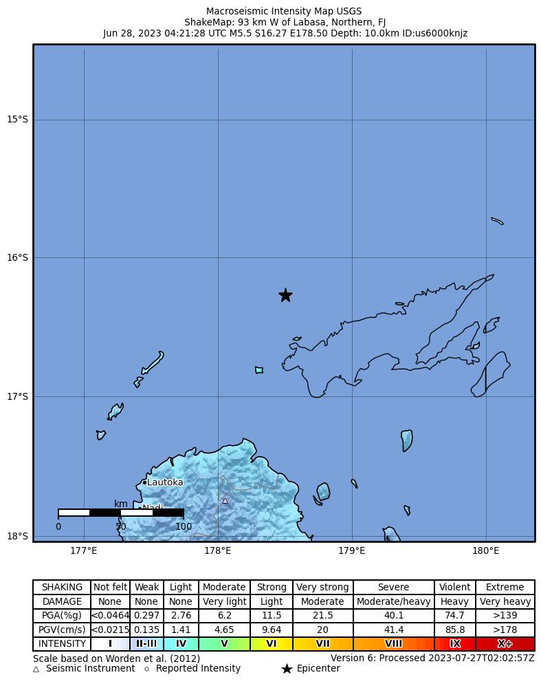 USGS ShakeMap intensity contours for the M5.5 earthquake near 93 km W of Labasa, Fiji