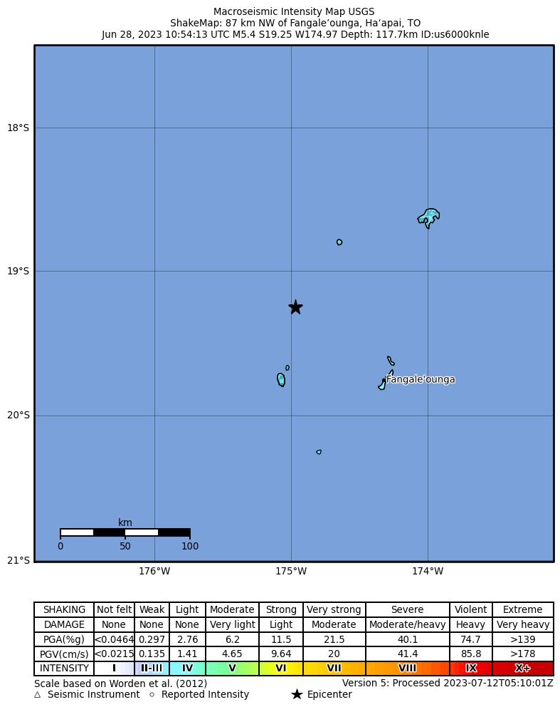 USGS ShakeMap intensity contours for the M5.4 earthquake near 87 km NW of Fangale’ounga, Tonga