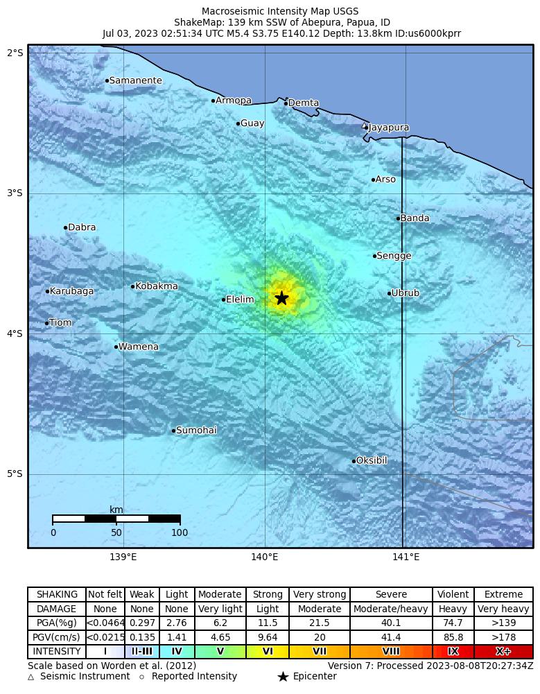 USGS ShakeMap intensity contours for the M5.4 earthquake near 139 km SSW of Abepura, Indonesia