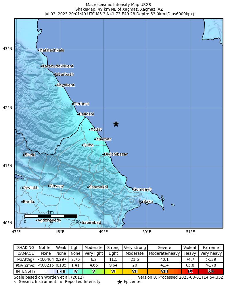 USGS ShakeMap intensity contours for the M5.3 earthquake near 49 km NE of Xaçmaz, Azerbaijan
