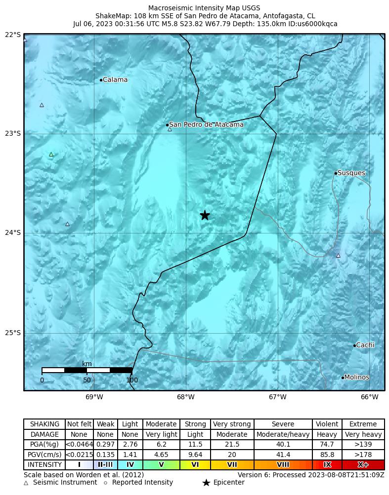USGS ShakeMap intensity contours for the M5.8 earthquake near 108 km SSE of San Pedro de Atacama, Chile