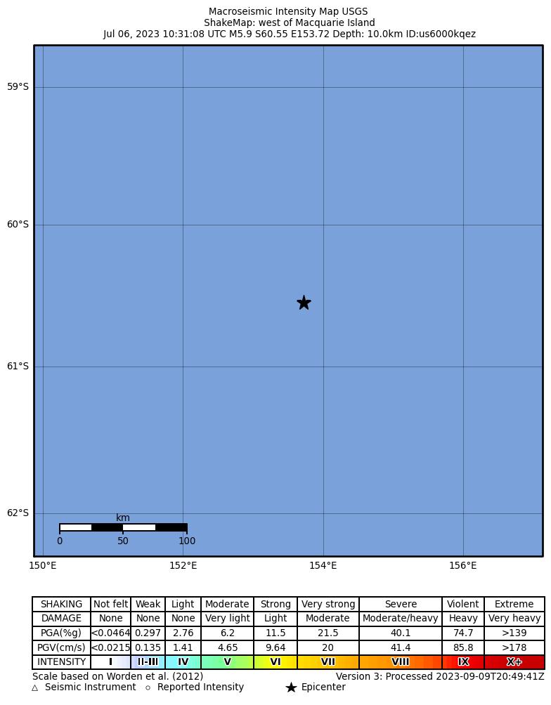 USGS ShakeMap intensity contours for the M5.9 earthquake near west of Macquarie Island