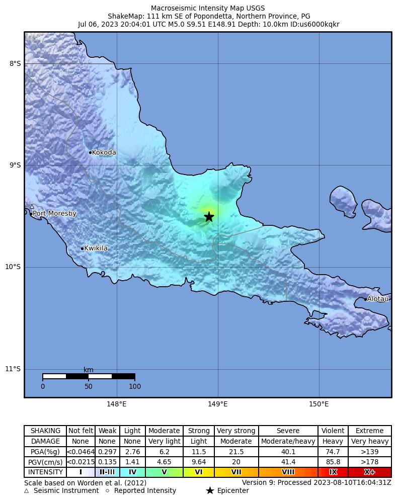 USGS ShakeMap intensity contours for the M5.0 earthquake near 111 km SE of Popondetta, Papua New Guinea