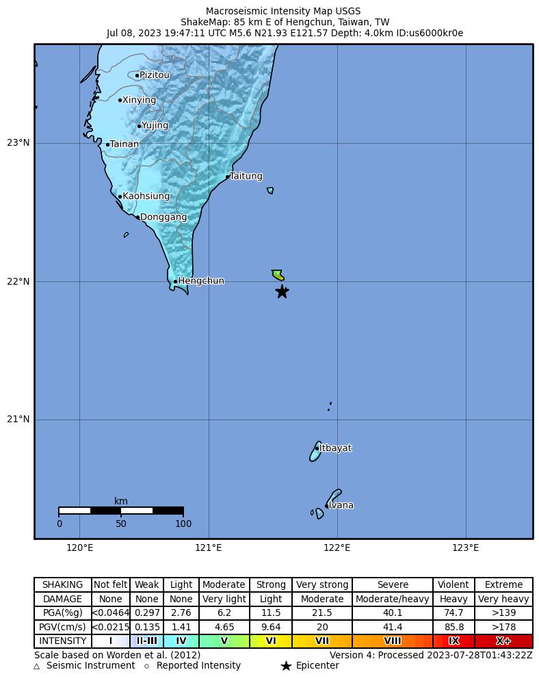 USGS ShakeMap intensity contours for the M5.6 earthquake near 85 km E of Hengchun, Taiwan