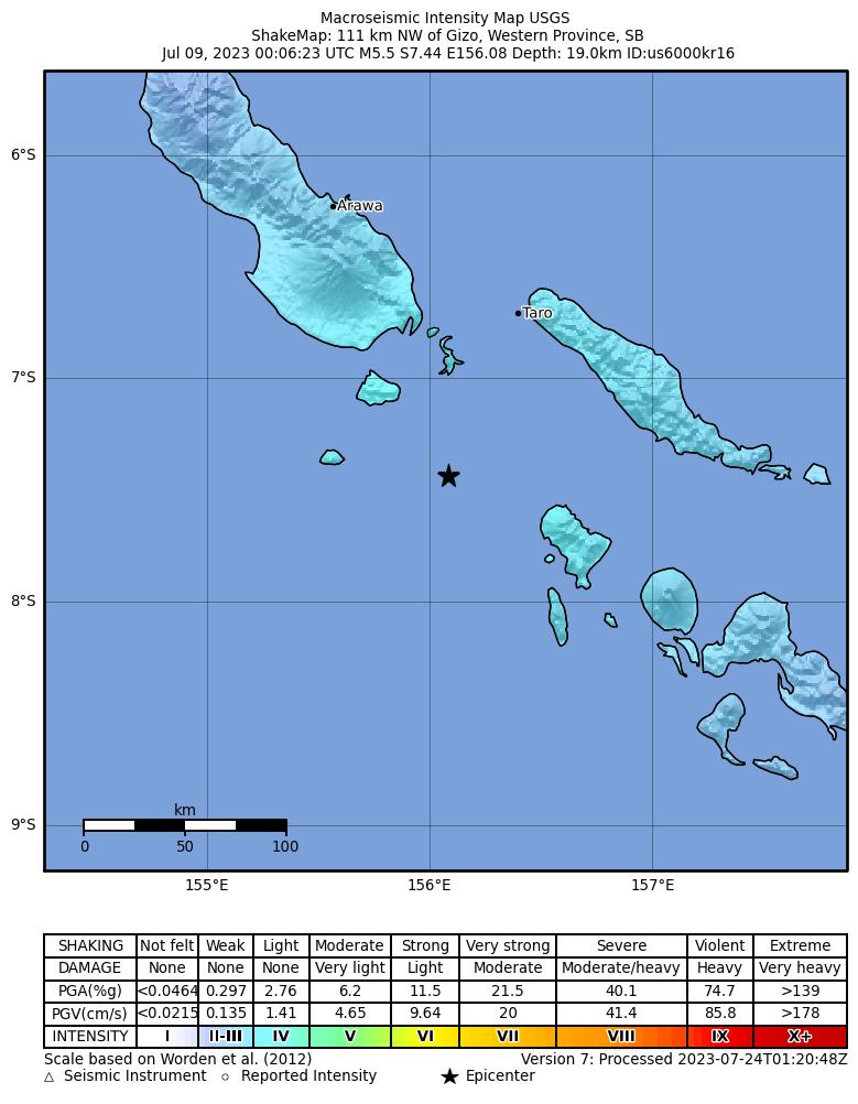 USGS ShakeMap intensity contours for the M5.5 earthquake near Solomon Islands