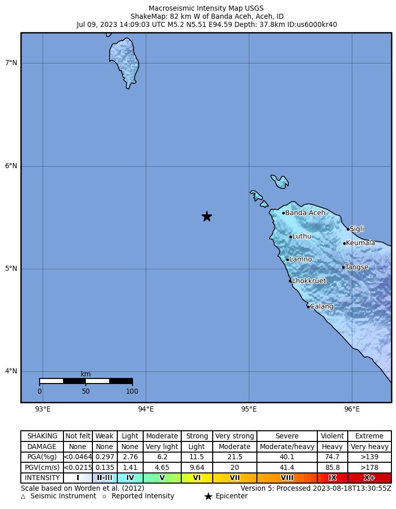 USGS ShakeMap intensity contours for the M5.2 earthquake near 81 km W of Banda Aceh, Indonesia