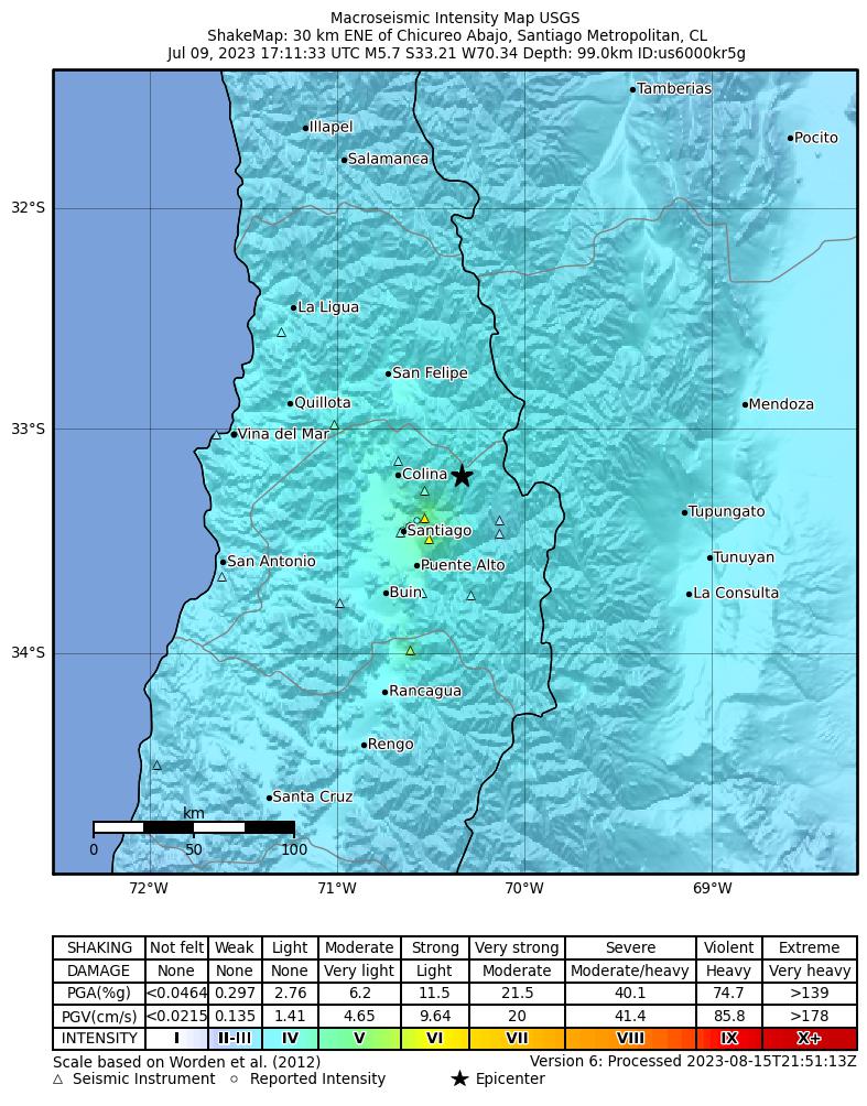 USGS ShakeMap intensity contours for the M5.7 earthquake near 30 km ENE of Chicureo Abajo, Chile
