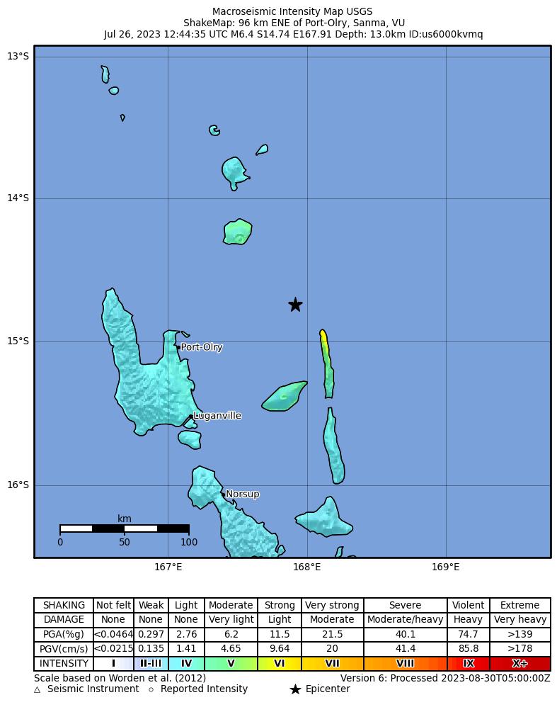 USGS ShakeMap intensity contours for the M6.4 earthquake near 96 km ENE of Port-Olry, Vanuatu