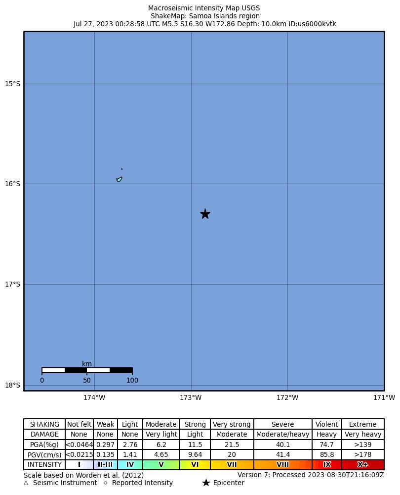 USGS ShakeMap intensity contours for the M5.5 earthquake near 107 km ESE of Hihifo, Tonga