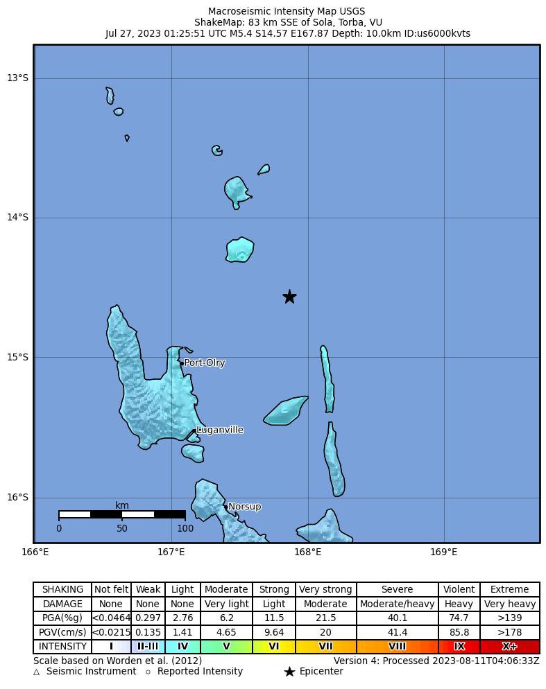 USGS ShakeMap intensity contours for the M5.4 earthquake near 83 km SSE of Sola, Vanuatu